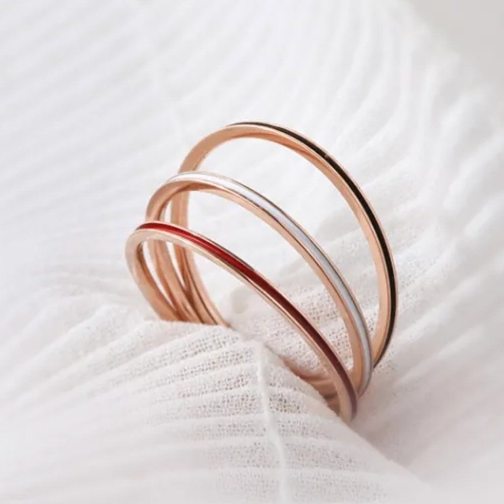 Titanium Steel Red White Black Enamel Minimalist Stacking Bands Set of 3 Rings